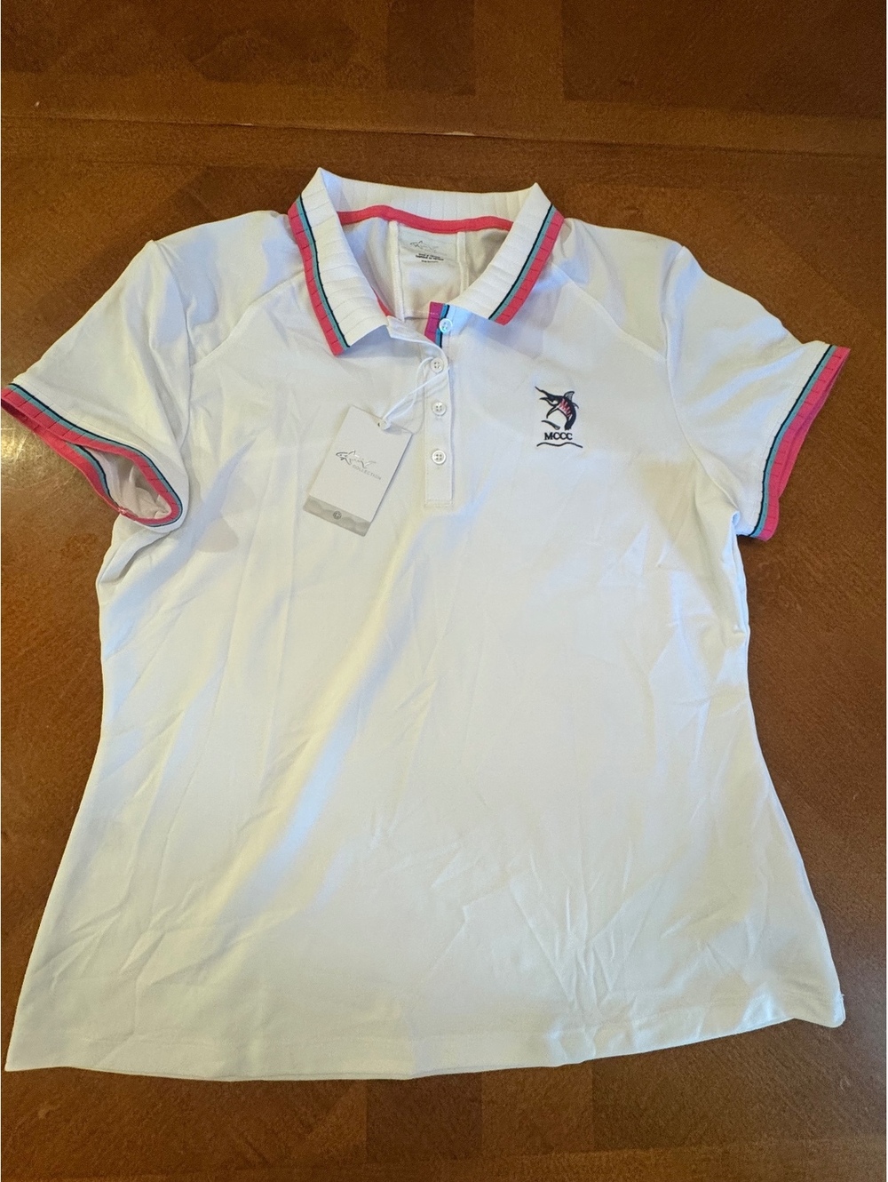 Greg Norman Morehead City Country Club White Polo Pink & Blue Trim, Size M 2703